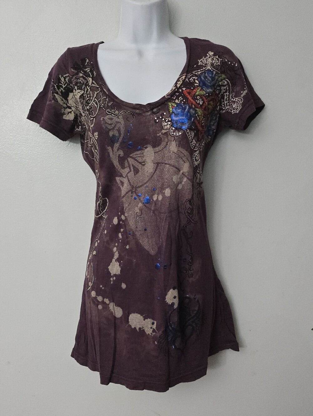 Y2K Brad Butter Angel Wings V-Neck Shirt Women’s S  Roses Heart Wings